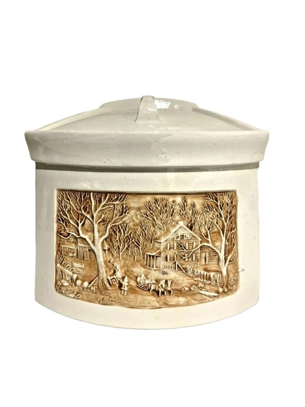 VINTAGE HERSHEY 1985 Canister Off White Brown Country Village With Lid Container